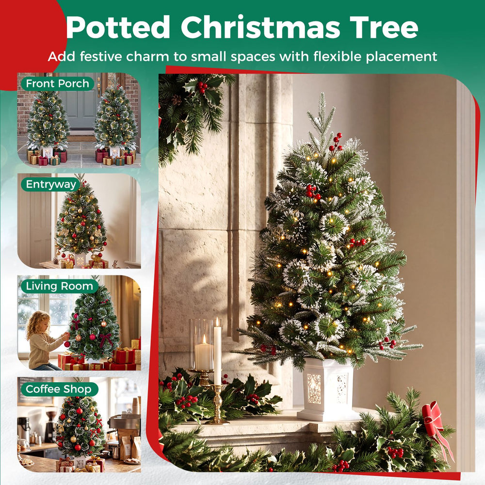 3 FT pre-lit potted Christmas tree with 80 warm white LED lights, perfect for festive decoration in any small space.