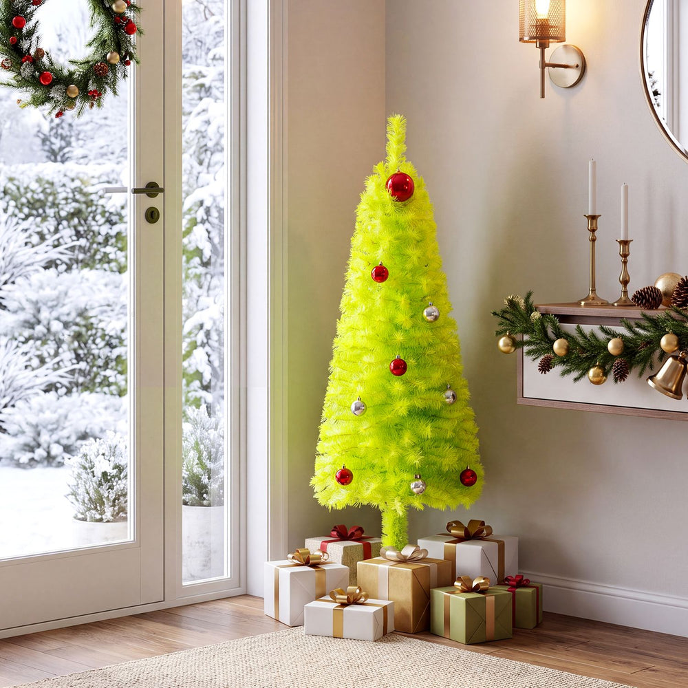 Vibrant 3 FT pre-lit neon chartreuse Christmas tree with 4 lighted gift boxes, perfect for festive holiday decor.