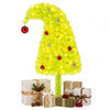 Bright neon chartreuse 3 FT pre-lit Christmas tree with 4 lighted gift boxes, adorned with colorful ornaments for festive decor.
