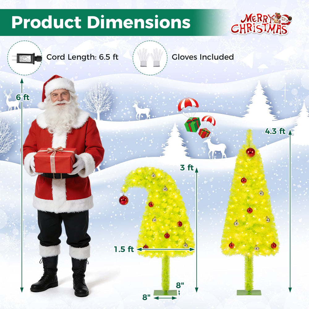 Pre-lit 3 FT Christmas tree in neon chartreuse with 4 lighted gift boxes, perfect for festive holiday decorations.