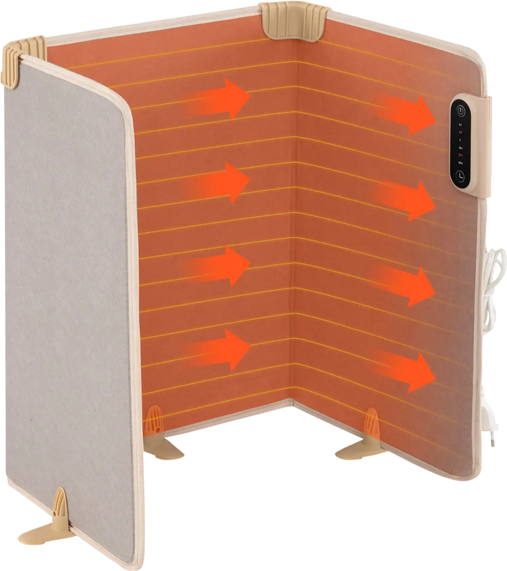 3-fold under desk space heater in beige with adjustable heat levels and timer for efficient warmth in small spaces.