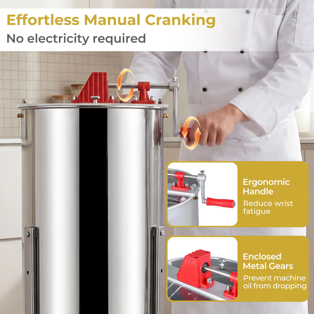 Manual honey extractor with ergonomic handle, stainless steel design, and clear lid for easy monitoring and bottom.