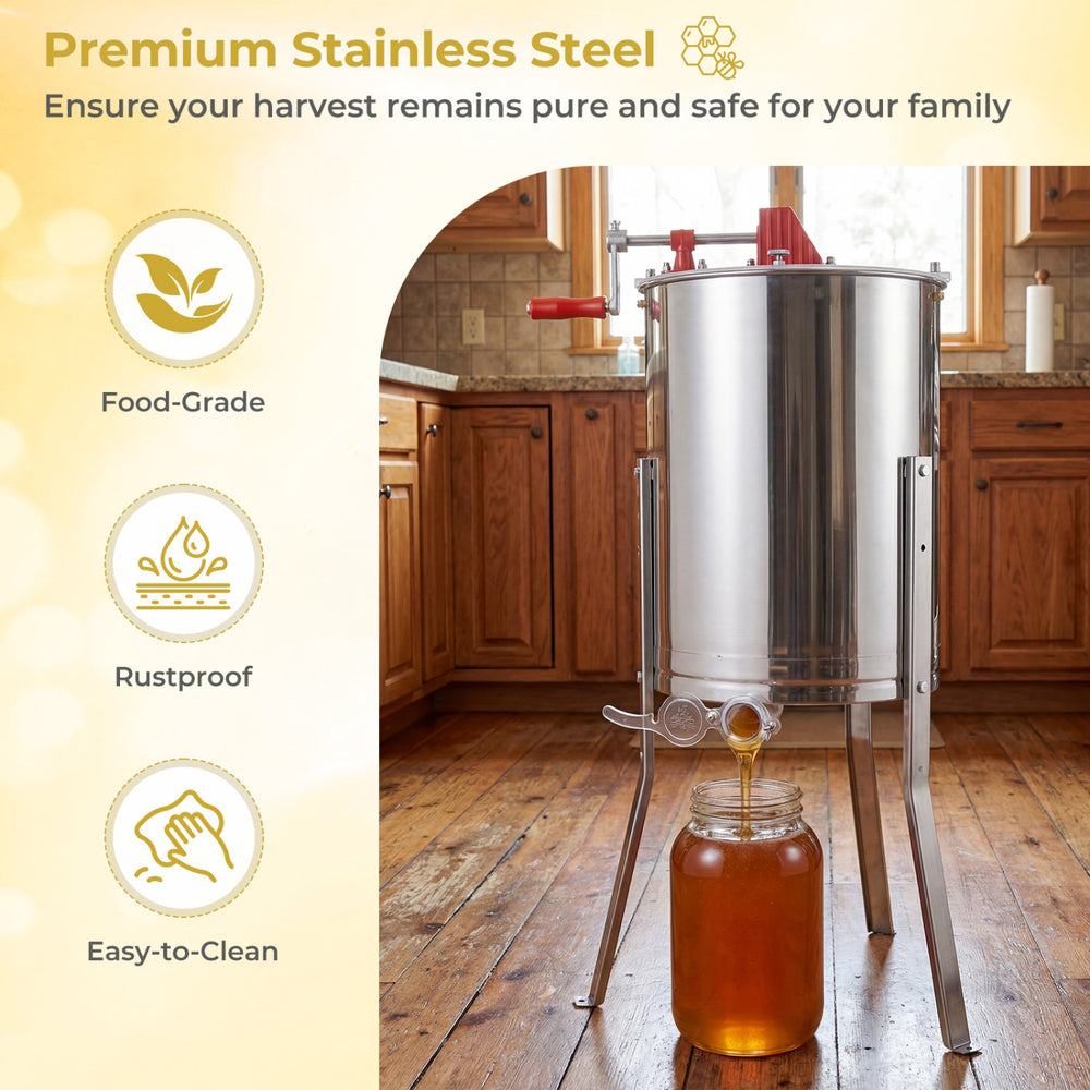 3 frame manual honey extractor in food-grade stainless steel with clear lid, ideal for home apiary use and easy.