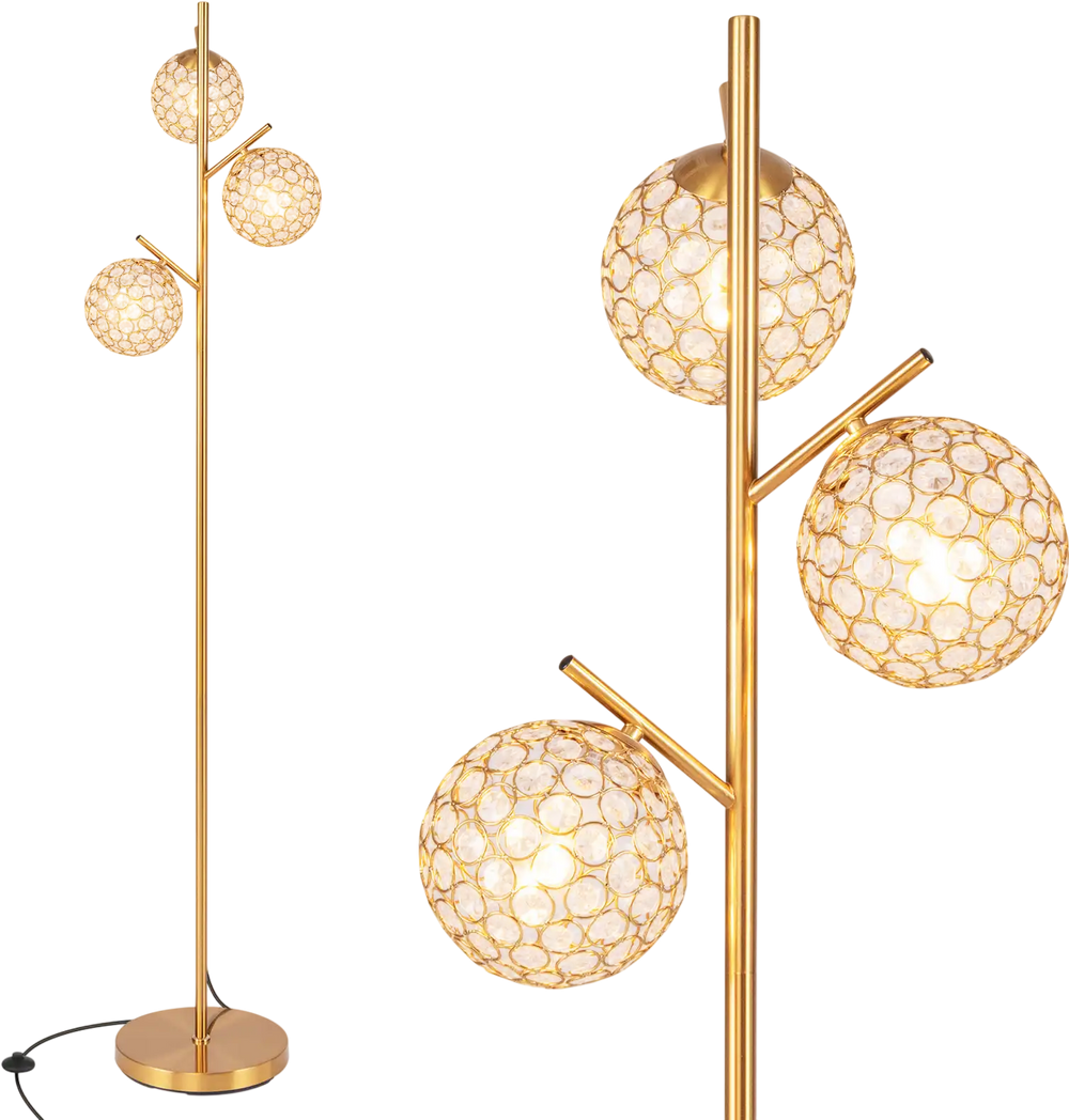 Three-globe floor lamp in gold with acrylic shades, foot switch, and sturdy base for stylish home or cafe lighting.