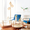 3-globe floor lamp with golden finish, foot switch, and acrylic shades, ideal for home or cafe lighting.