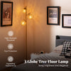3-globe floor lamp with acrylic shades, golden finish, foot switch, ideal for homes and cafes, providing soft light.