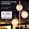 Three-globe floor lamp with golden finish, acrylic shades, and foot switch, ideal for homes and cafes.