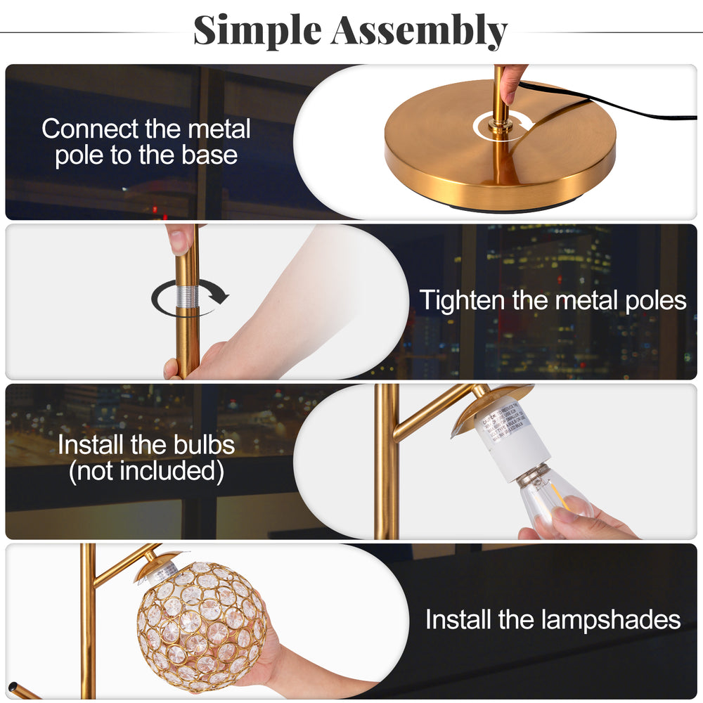 3-globe floor lamp assembly steps showing metal pole connection, foot switch, and acrylic shades for home or cafe use.
