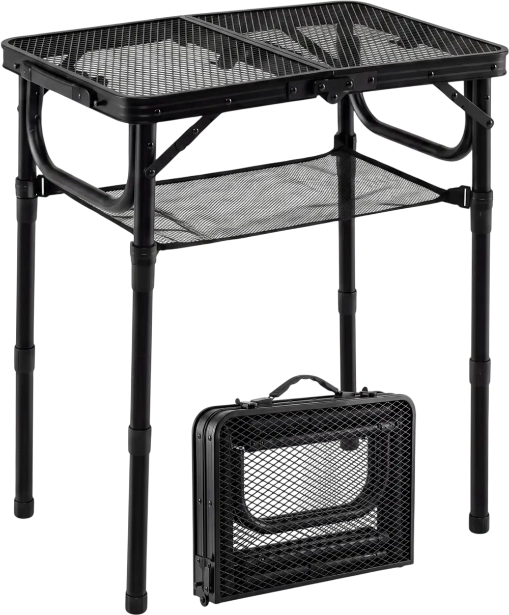 Folding camping table featuring a convenient handle for easy transport, adjustable height, and durable aluminum.