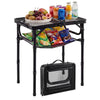 Folding camping table with adjustable height, aluminum build, and large storage net, ideal for outdoor picnics and BBQs.