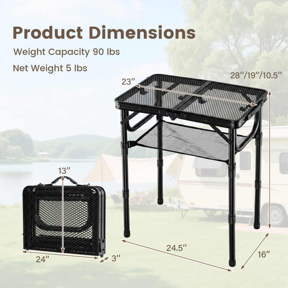 Folding camping table with adjustable height, large storage net, and lightweight aluminum build for easy transport.