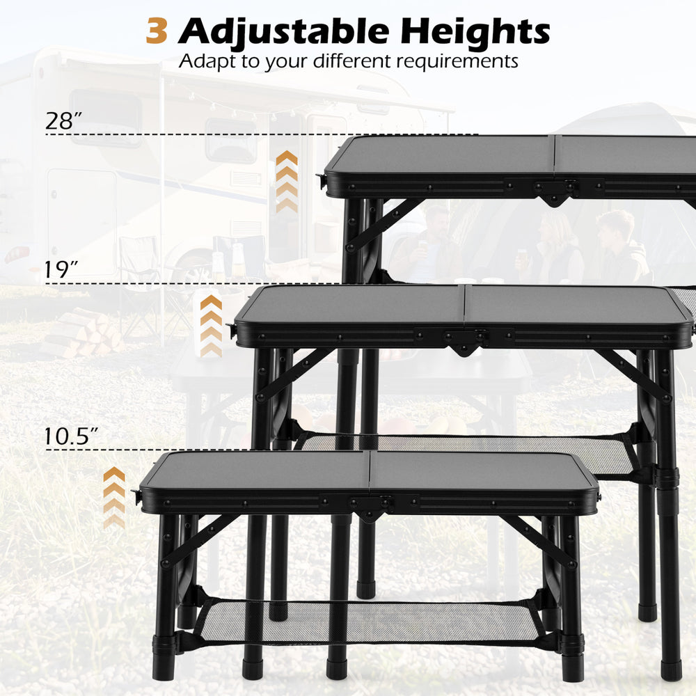 3-height folding camping table in black with adjustable heights of 28", 19", and 10.5" for versatile outdoor use.