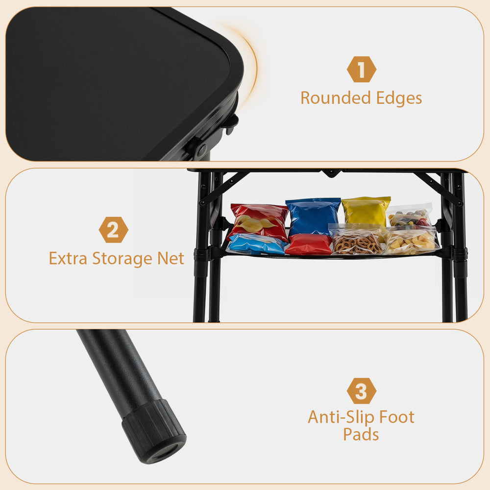 Folding camping table with rounded edges, large storage net, and anti-slip foot pads for outdoor convenience.