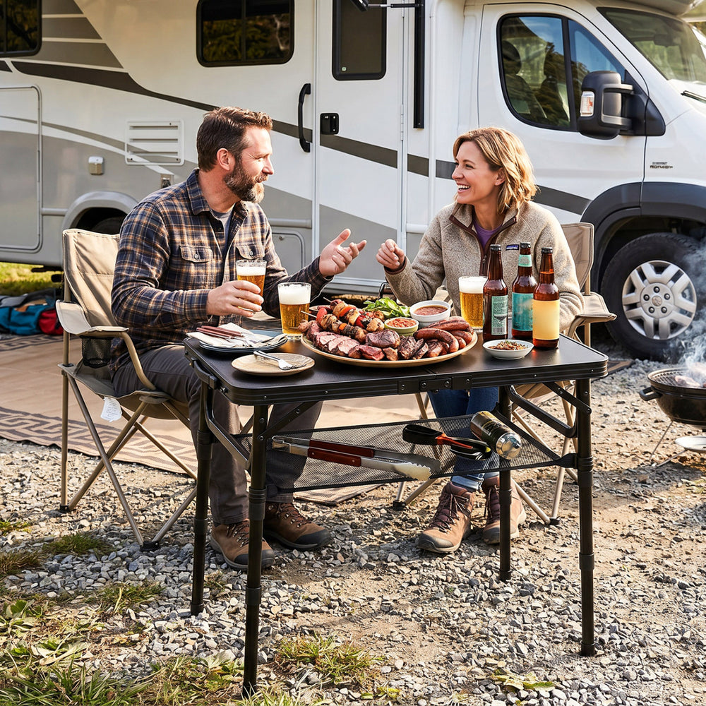 Folding camping table in black with large storage net, ideal for outdoor dining and gatherings.