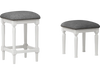 Gray padded seat saddle stool set of 2 with footrests, solid rubber wood frame, ideal for kitchen or dining use.