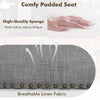 Comfy padded seat of a gray saddle stool, featuring breathable linen fabric and vintage rivets for stylish comfort.