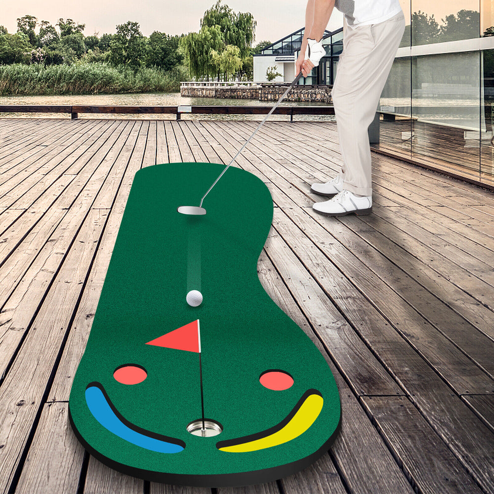 Golf putting green set featuring a true-roll surface, training aid cup, and colorful hazards for indoor or outdoor.