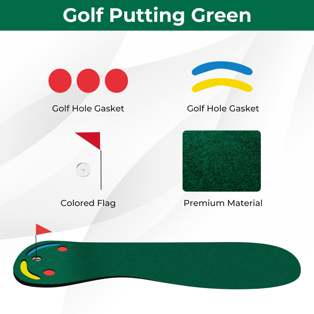 Golf putting green set featuring a training aid cup, colored flag, and premium material for indoor or outdoor practice.