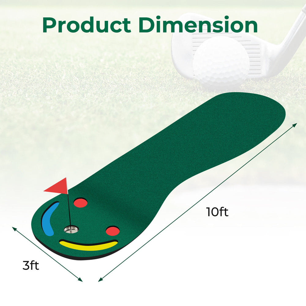 10ft indoor outdoor golf putting green set with training aid cup, anti-skid backing, and true-roll putting surface.