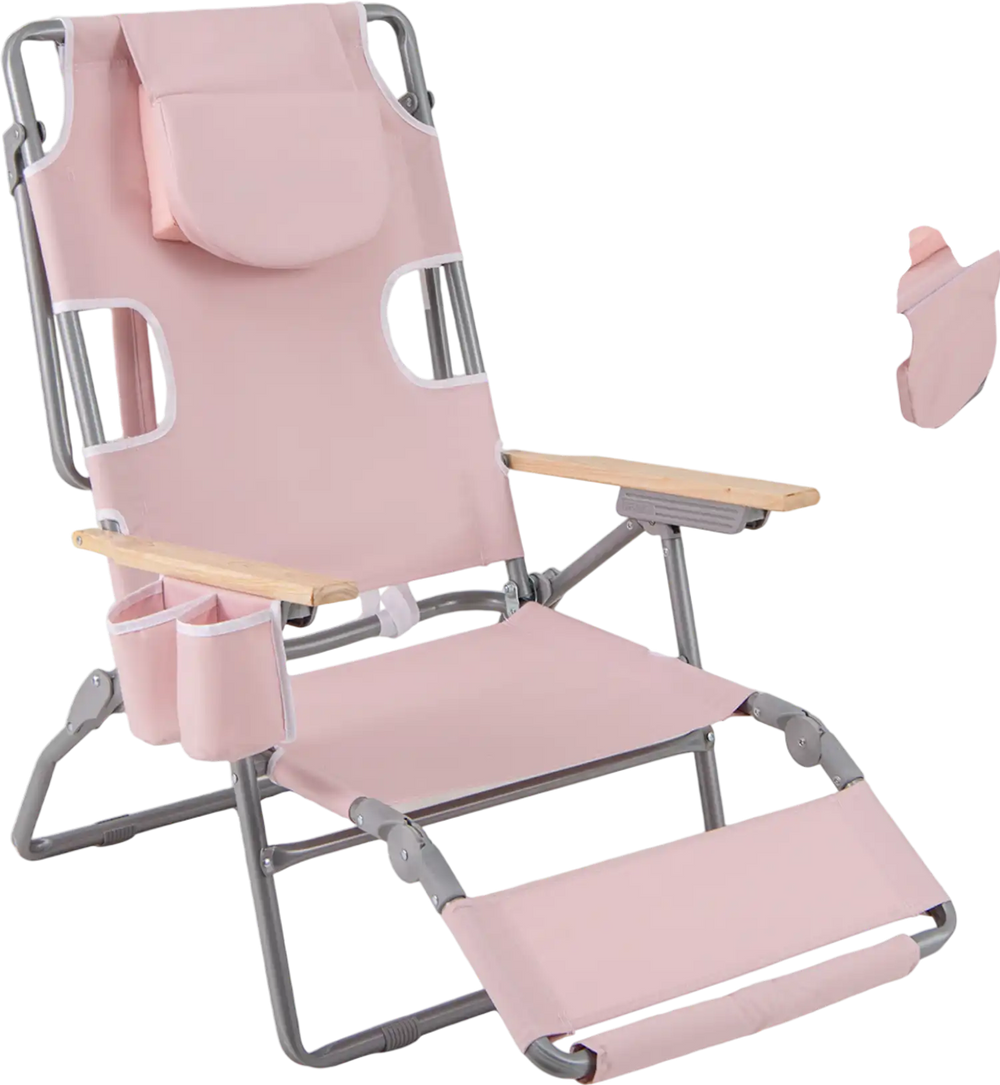 Foldable pink beach chair with adjustable backrest, footrest, and cup holders, perfect for sunbathing and outdoor.