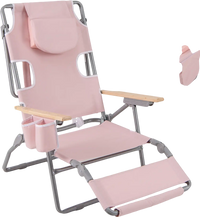 Foldable pink beach chair with adjustable backrest, footrest, and cup holders, perfect for sunbathing and outdoor.