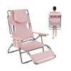 Foldable pink beach chair with footrest, adjustable backrest, and wood armrests, perfect for sunbathing and lounging.