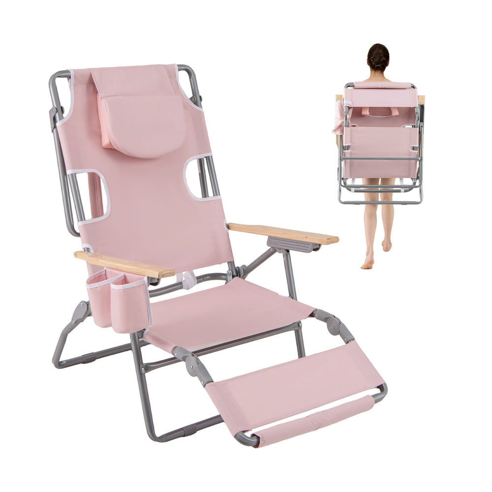 Foldable pink beach chair with footrest, adjustable backrest, and wood armrests, perfect for sunbathing and lounging.