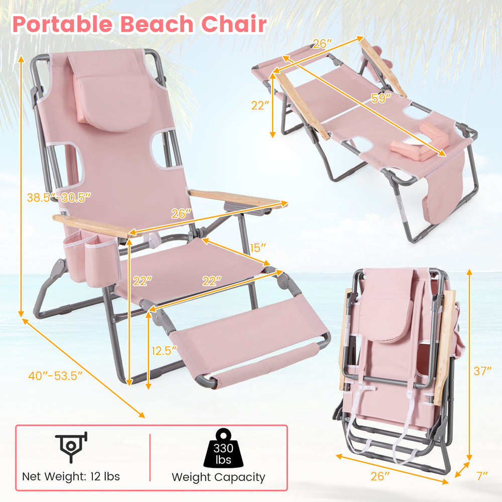Foldable pink beach chair with adjustable backrest and footrest, perfect for sunbathing and outdoor relaxation.