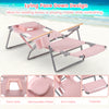 Foldable pink beach chair with footrest, face hole, and adjustable backrest for sunbathing and lounging.