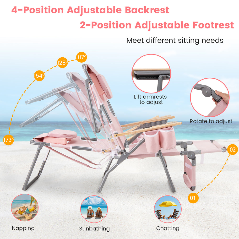3-in-1 foldable beach chair in pink with adjustable backrest and footrest, perfect for sunbathing and lounging.