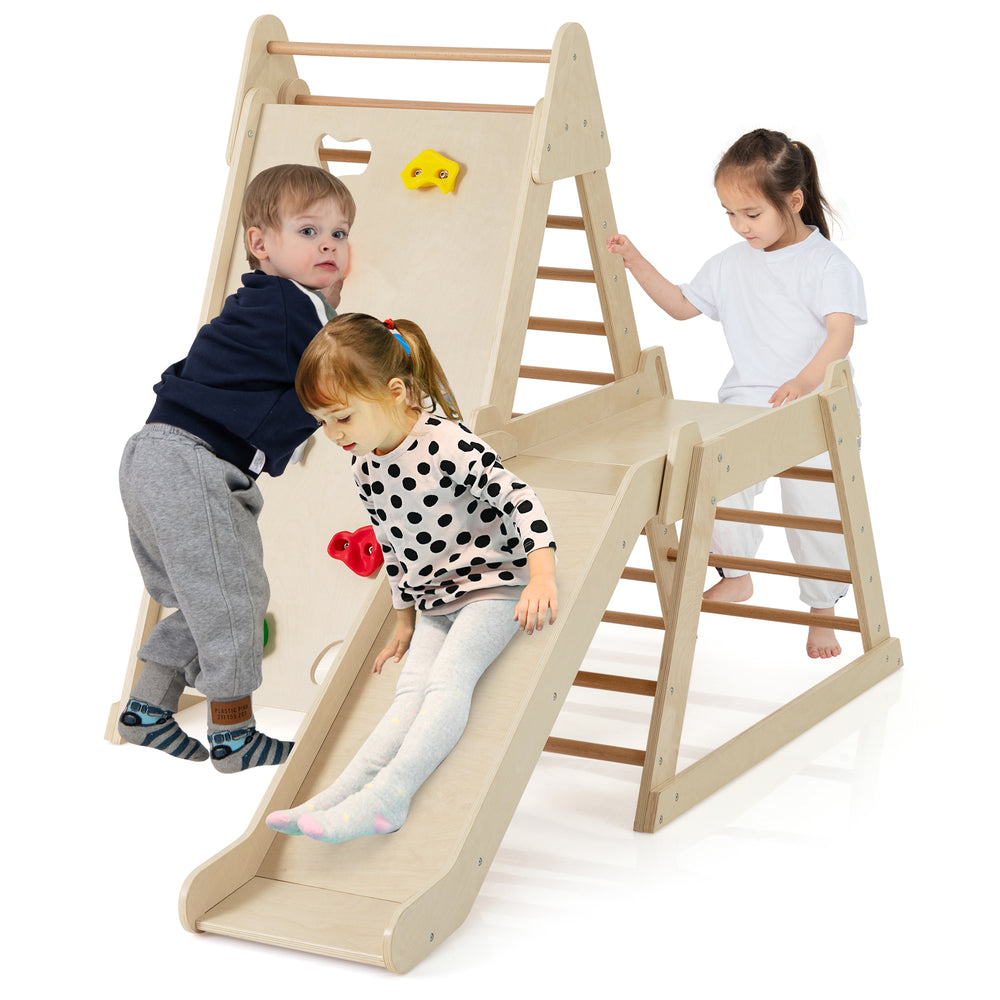 3-in-1 jungle gym indoor playground with slide, climbing ladders, and rock ramp for toddlers, made of natural beech.