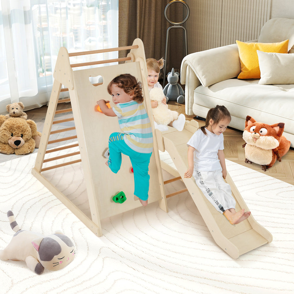 3-in-1 jungle gym indoor playground with climbing ladders and extended slide for toddlers, made of durable beech wood.