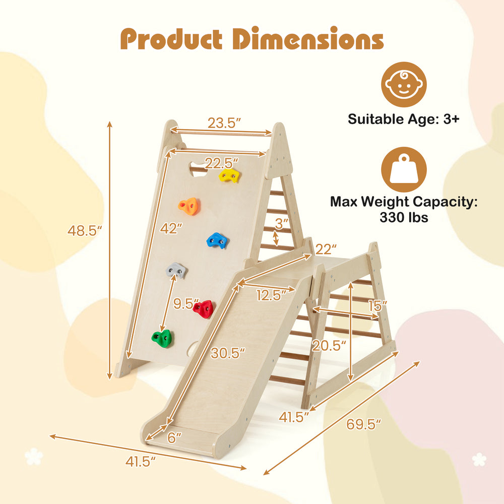 3-in-1 jungle gym with climbing ladders, slide, and sturdy beech wood, suitable for toddlers aged 3+ for indoor play.