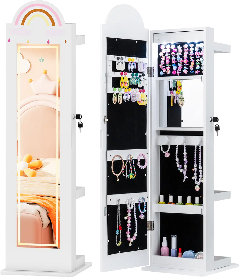 Freestanding kids jewelry cabinet with rainbow design, full-length mirror, and 3-color adjustable lighting for easy.