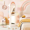 Freestanding kids jewelry cabinet with a rainbow design, full-length mirror, and adjustable LED lighting for easy.