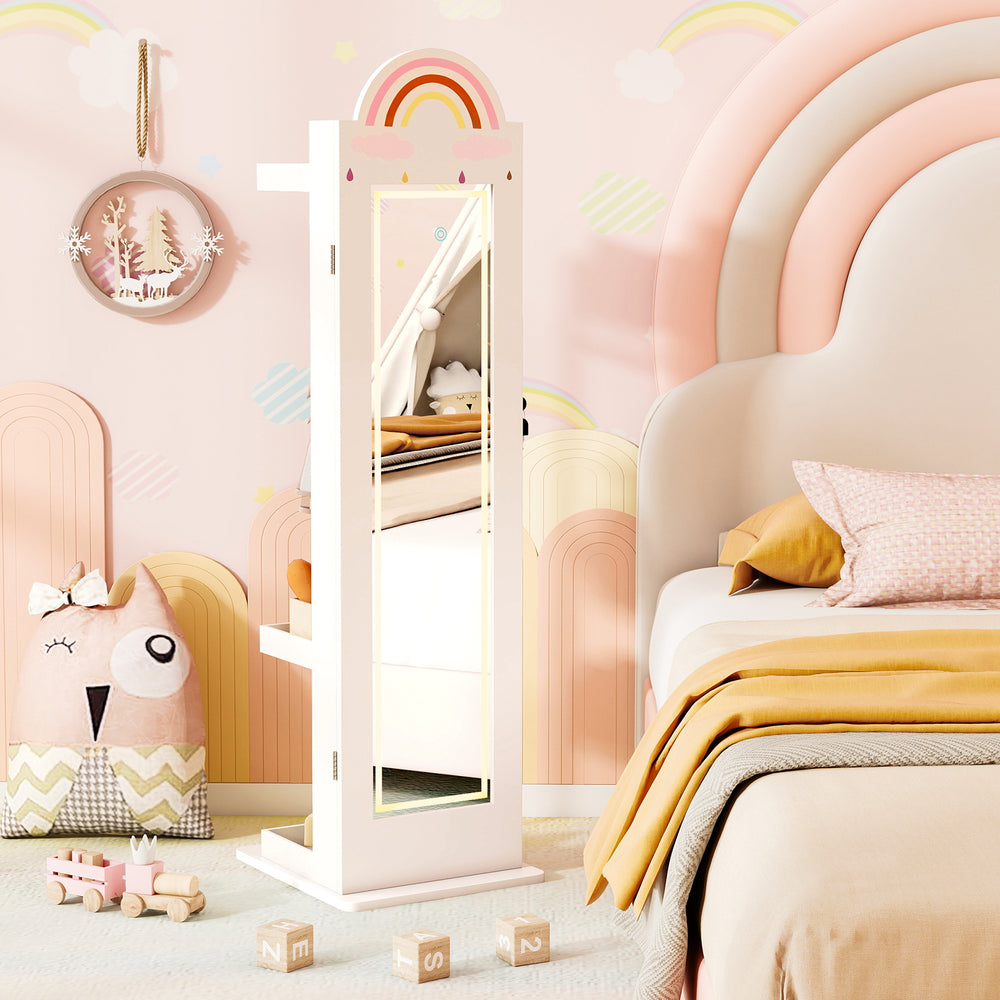 Freestanding kids jewelry cabinet with a rainbow design, full-length mirror, and adjustable LED lighting for easy.