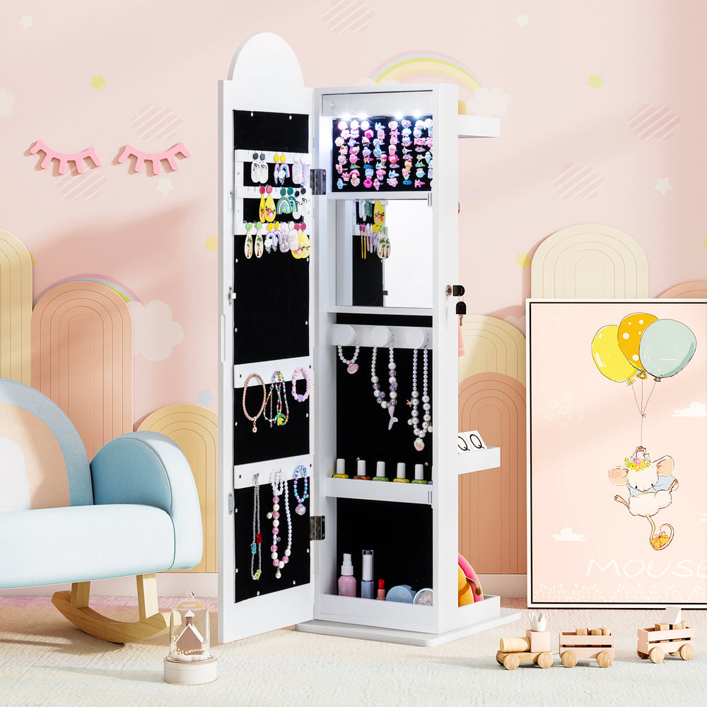 3 In 1 Kids Jewelry Cabinet Freestanding Jewelry Armoire with 3-Color Lighted Mirror-White - Gallery View 1 of 11
