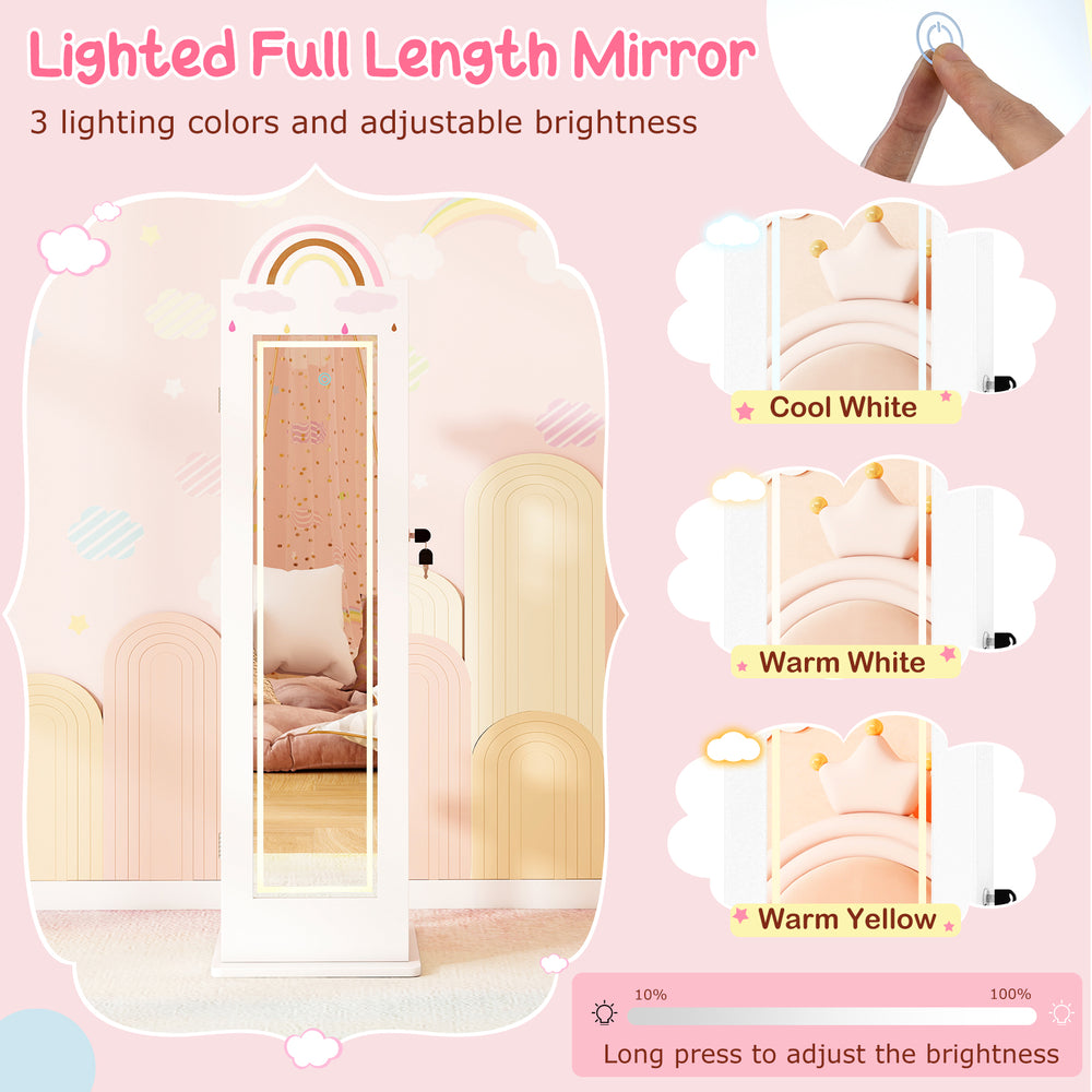 Freestanding kids jewelry armoire with a white 3-color lighted mirror and ample storage for accessories and garments.