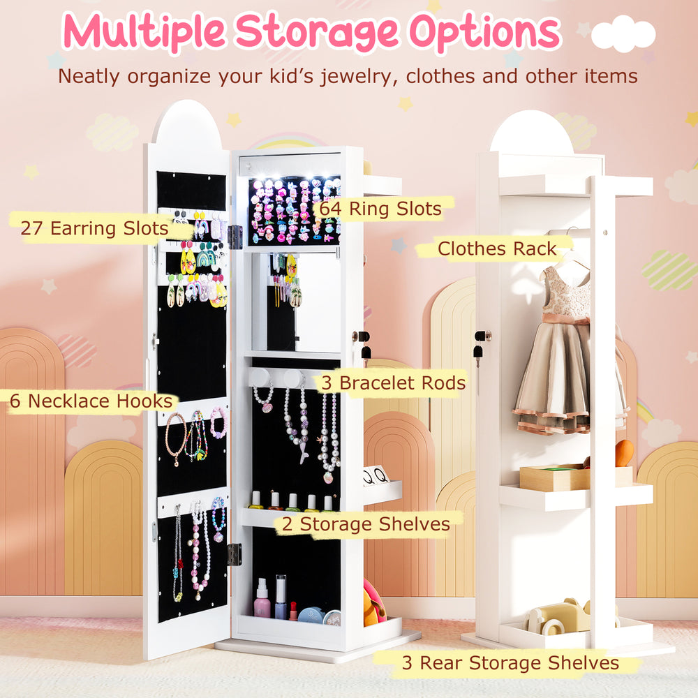 Freestanding kids jewelry cabinet with full-length mirror, 27 earring slots, and adjustable LED lighting for organized.