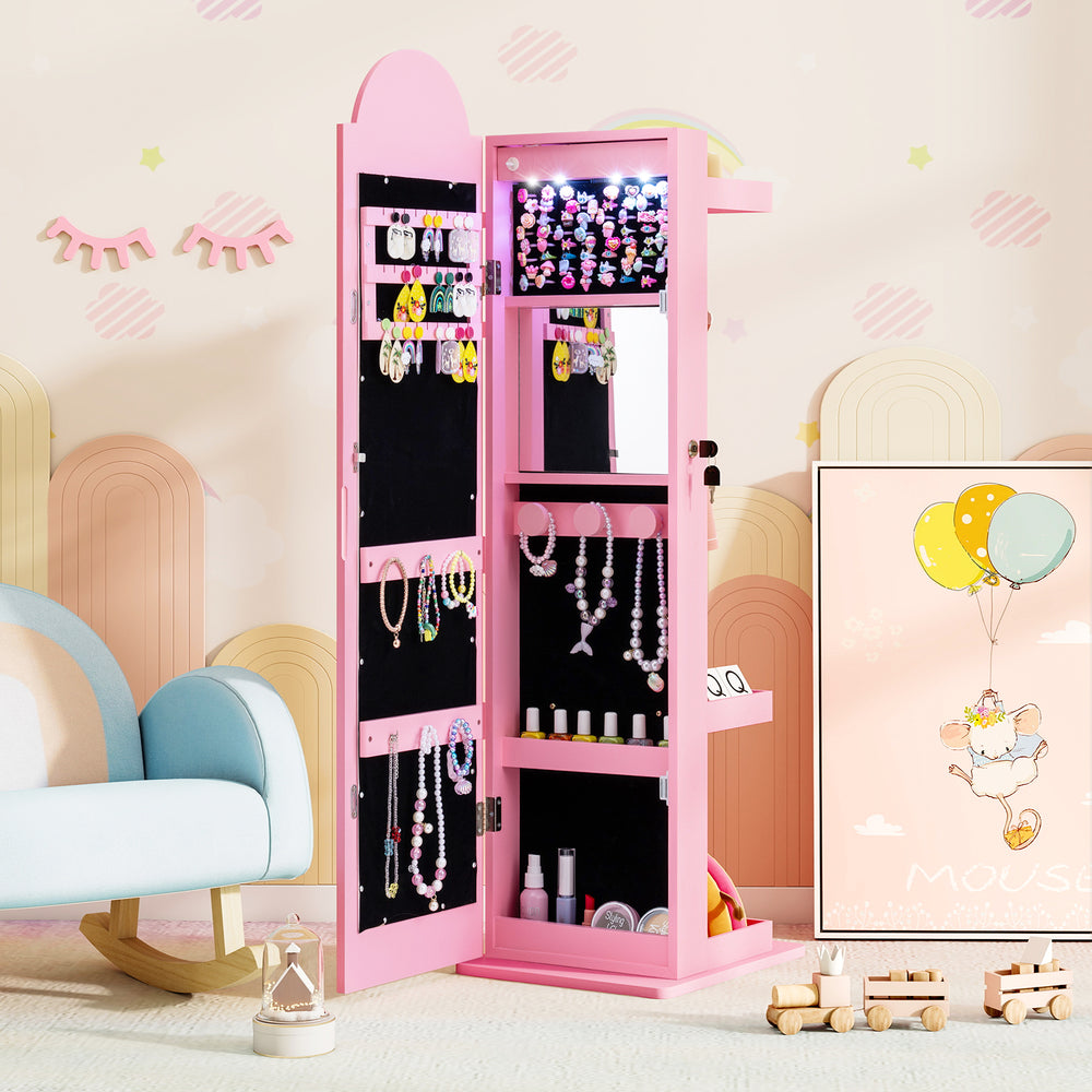 3 In 1 Kids Jewelry Cabinet Freestanding Jewelry Armoire with 3-Color Lighted Mirror-Pink - Gallery View 1 of 11