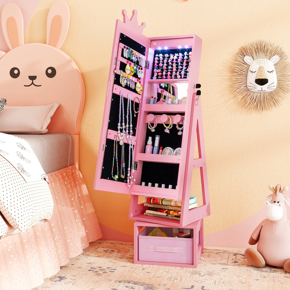 3 In 1 Kids Jewelry Cabinet with 3-Color Lighted Full Length Mirror-Pink - Gallery View 1 of 13