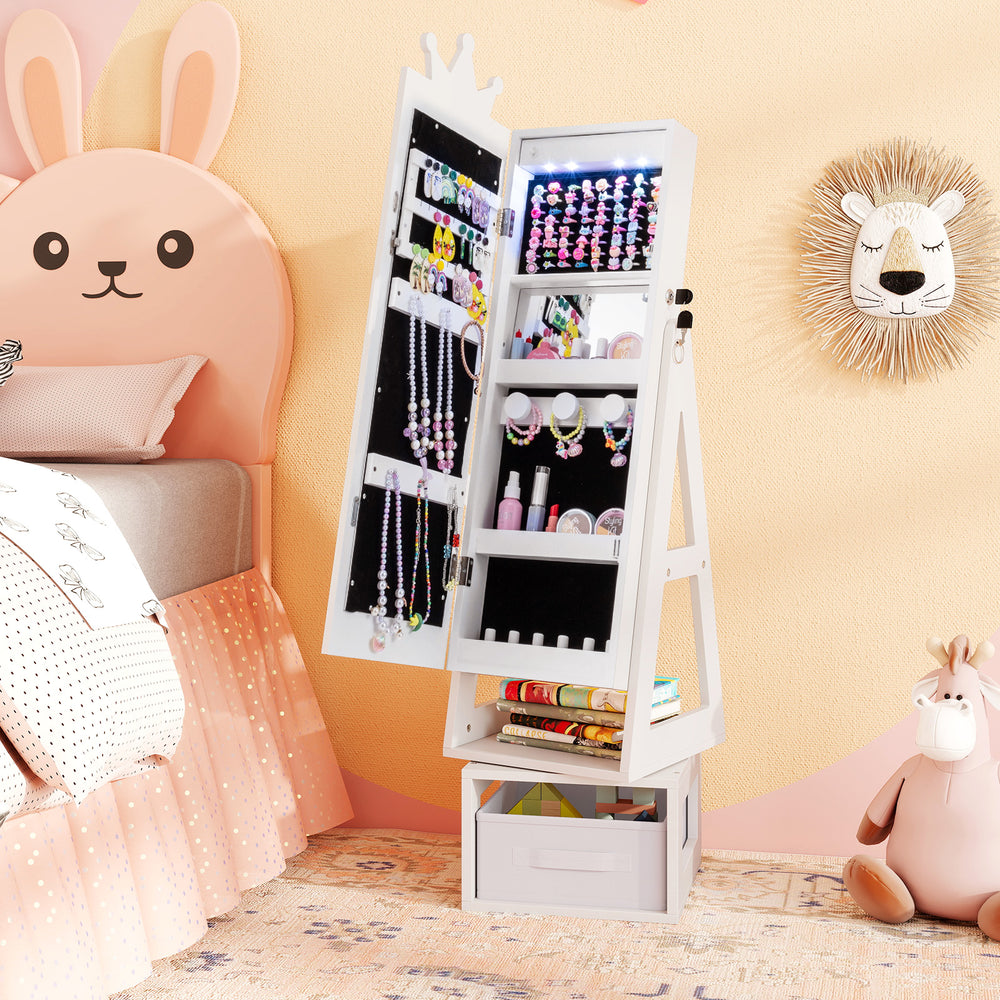 Kids jewelry cabinet with full-length mirror, LED lights, and crown design for organized storage in white.
