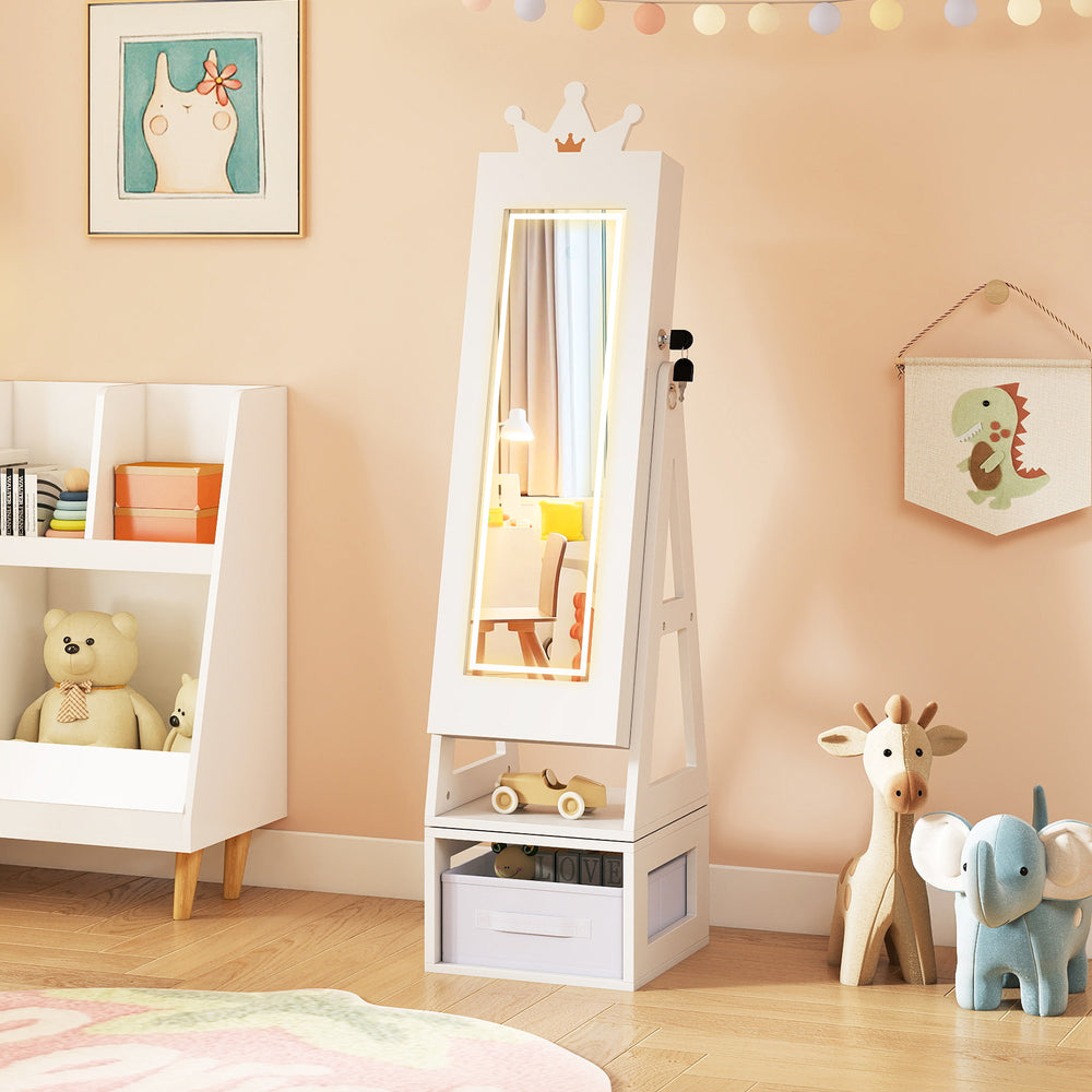 3 In 1 Kids Jewelry Cabinet with 3-Color Lighted Full Length Mirror-White - Gallery View 1 of 13
