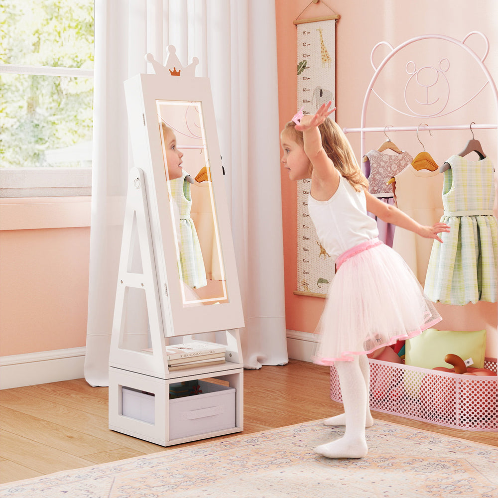 Kids jewelry cabinet with full-length mirror, 3-color lighting, and storage rack for organized playroom use.
