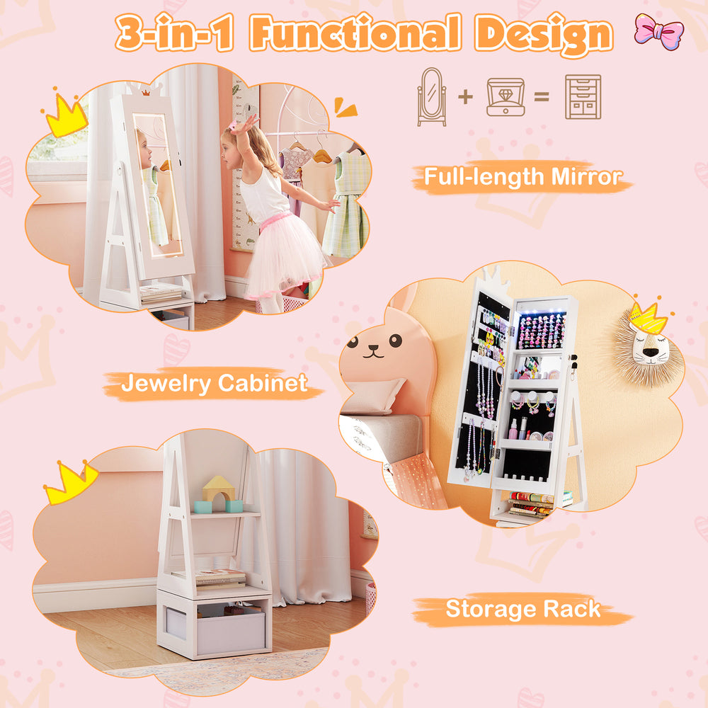 3-in-1 kids jewelry cabinet with full-length mirror, adjustable lighting, and extensive storage for jewelry.
