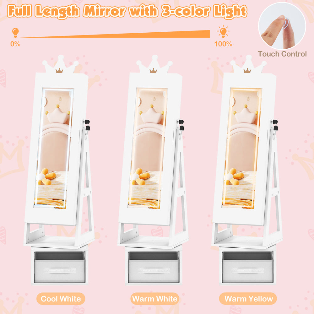 Kids jewelry cabinet with a full-length mirror, 3-color light, and storage, featuring a cute crown design for young.