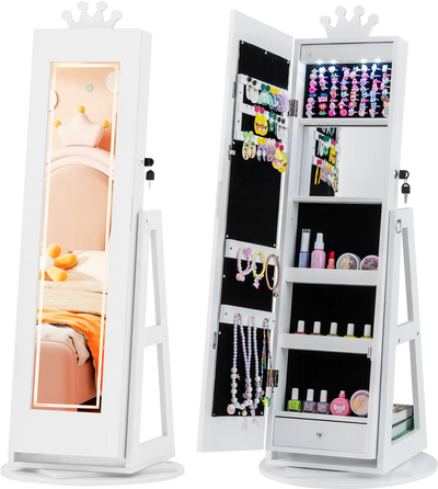 Costway 3-in-1 Kids Jewelry Cabinet w/ 3-Color Lighted Full Length Mirror 32320176 New