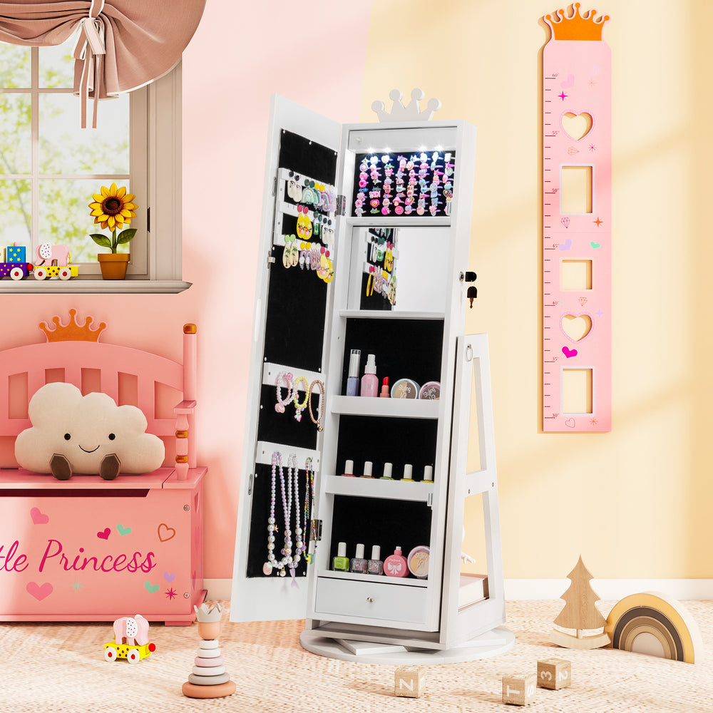 3 In 1 Kids Jewelry Cabinet with 3-Color Lighted Full Length Mirror and Internal Mirror-White - Gallery View 1 of 11