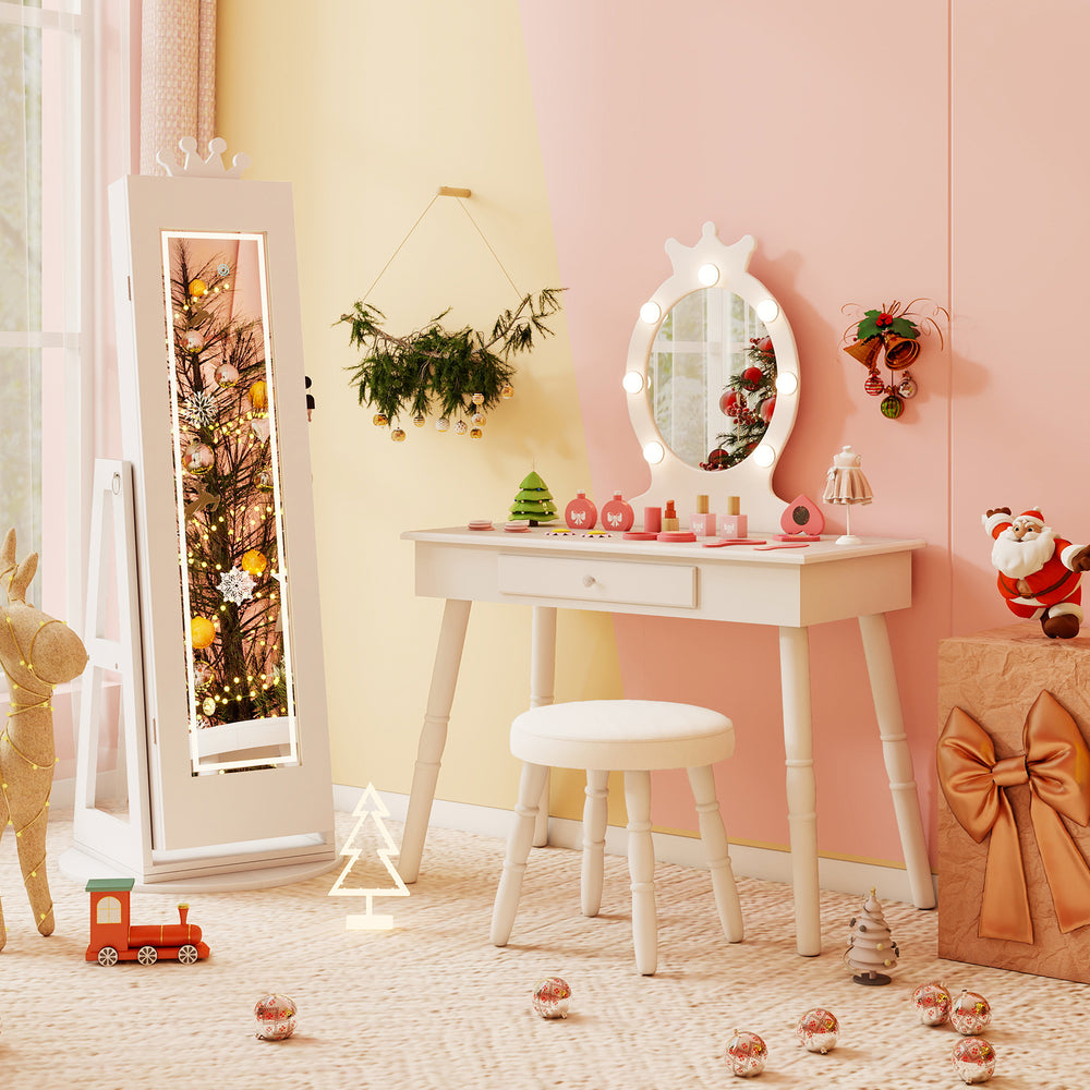White 3-in-1 kids jewelry cabinet with lighted full-length mirror, featuring a crown design and ample storage for.