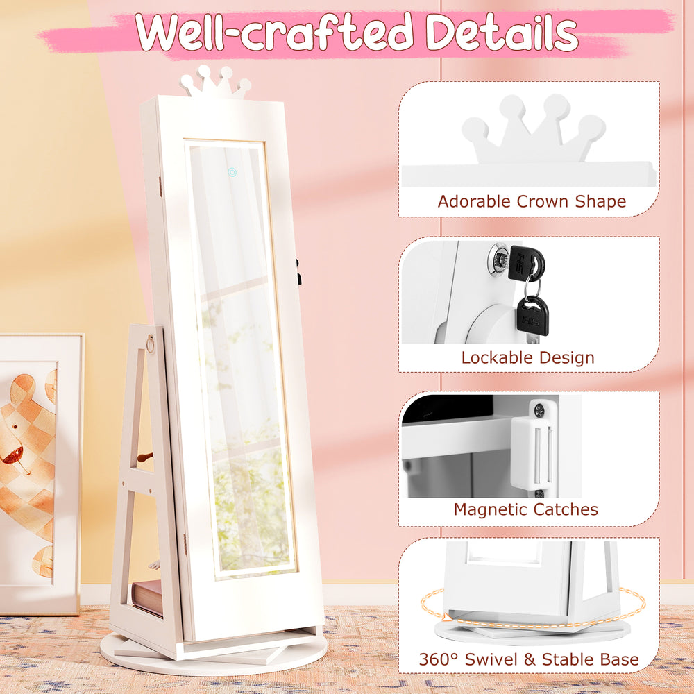 Kids jewelry cabinet with crown shape, full-length mirror, 3 lighting modes, and 360° rotation for easy access.